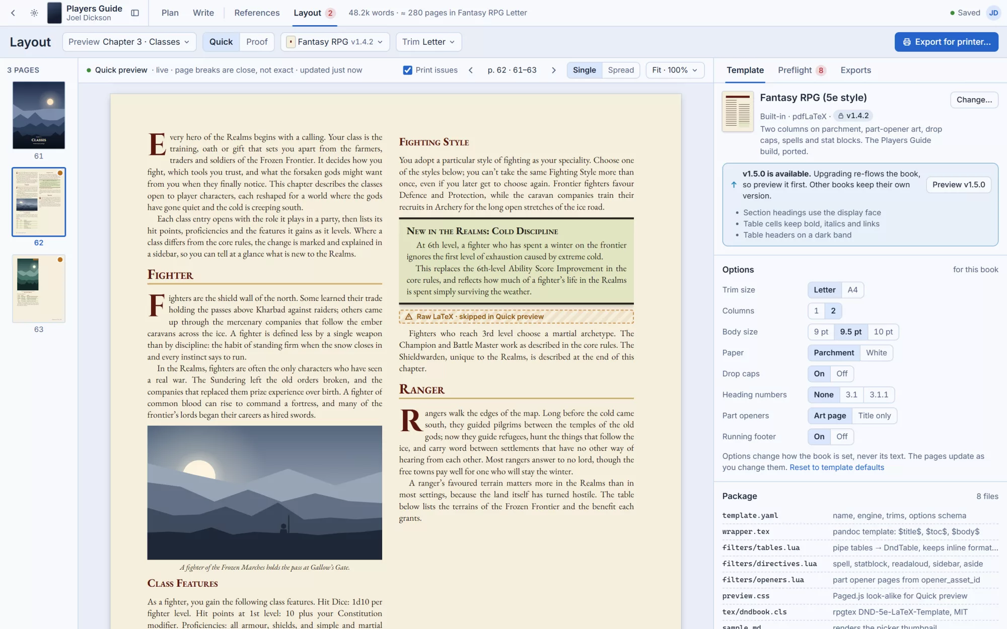 Codex Layout screen with a print preview